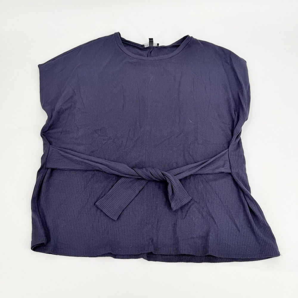 Express Top Ribbed Knit Waist Tie Modern Women Size Medium Navy Blue Minimalist